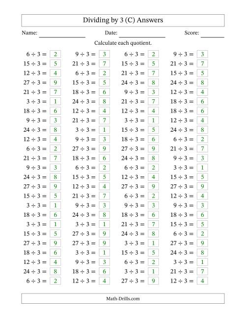The Horizontally Arranged Dividing by 3 with Quotients 1 to 9 (100 Questions) (C) Math Worksheet Page 2