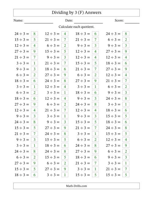 The Horizontally Arranged Dividing by 3 with Quotients 1 to 9 (100 Questions) (F) Math Worksheet Page 2