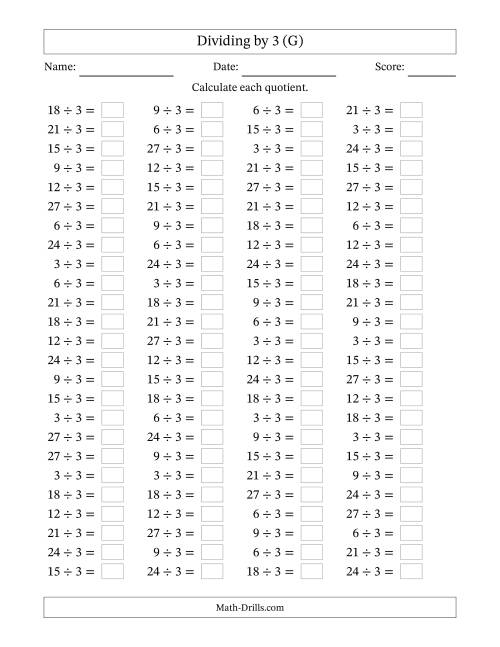 The Horizontally Arranged Dividing by 3 with Quotients 1 to 9 (100 Questions) (G) Math Worksheet