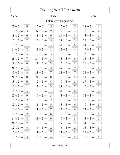 The Horizontally Arranged Dividing by 3 with Quotients 1 to 9 (100 Questions) (H) Math Worksheet Page 2