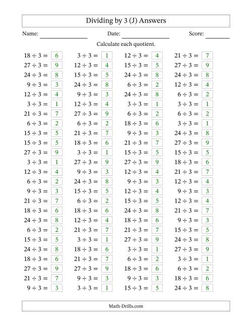 The Horizontally Arranged Dividing by 3 with Quotients 1 to 9 (100 Questions) (J) Math Worksheet Page 2