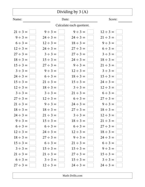 The Horizontally Arranged Dividing by 3 with Quotients 1 to 9 (100 Questions) (All) Math Worksheet