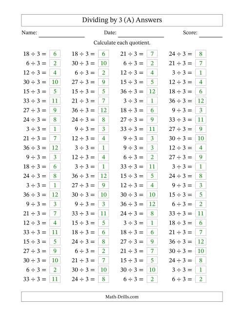 The Horizontally Arranged Dividing by 3 with Quotients 1 to 12 (100 Questions) (A) Math Worksheet Page 2