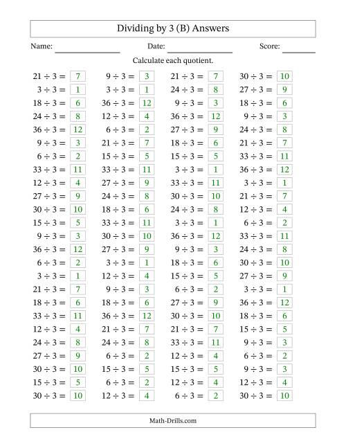 The Horizontally Arranged Dividing by 3 with Quotients 1 to 12 (100 Questions) (B) Math Worksheet Page 2