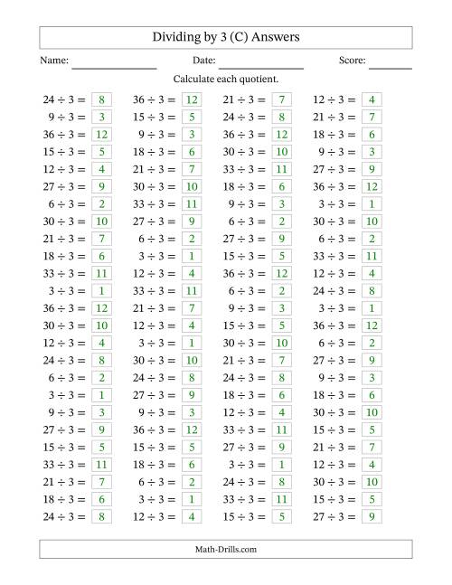 The Horizontally Arranged Dividing by 3 with Quotients 1 to 12 (100 Questions) (C) Math Worksheet Page 2