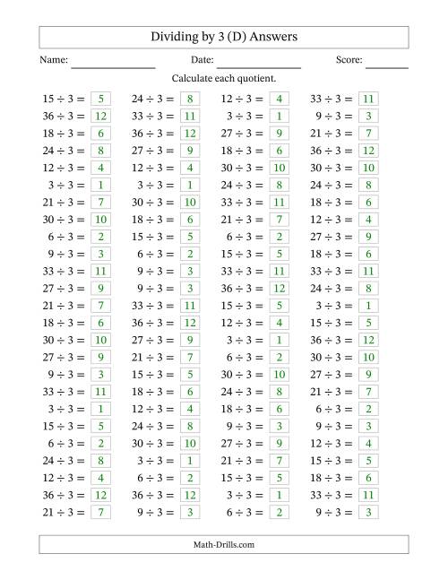 The Horizontally Arranged Dividing by 3 with Quotients 1 to 12 (100 Questions) (D) Math Worksheet Page 2