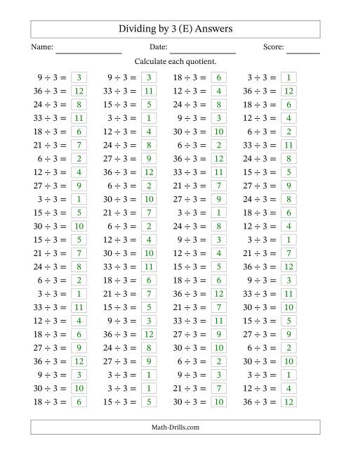 The Horizontally Arranged Dividing by 3 with Quotients 1 to 12 (100 Questions) (E) Math Worksheet Page 2