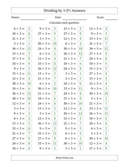 The Horizontally Arranged Dividing by 3 with Quotients 1 to 12 (100 Questions) (F) Math Worksheet Page 2