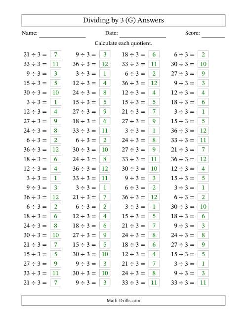 The Horizontally Arranged Dividing by 3 with Quotients 1 to 12 (100 Questions) (G) Math Worksheet Page 2