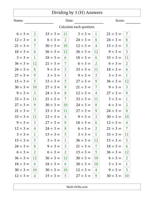 The Horizontally Arranged Dividing by 3 with Quotients 1 to 12 (100 Questions) (H) Math Worksheet Page 2