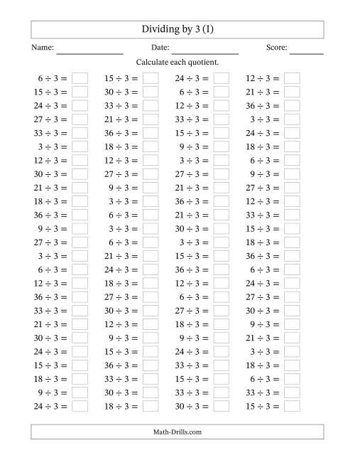 The Horizontally Arranged Dividing by 3 with Quotients 1 to 12 (100 Questions) (I) Math Worksheet