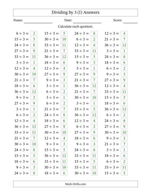 The Horizontally Arranged Dividing by 3 with Quotients 1 to 12 (100 Questions) (I) Math Worksheet Page 2