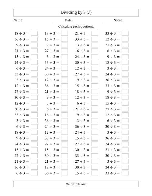 The Horizontally Arranged Dividing by 3 with Quotients 1 to 12 (100 Questions) (J) Math Worksheet