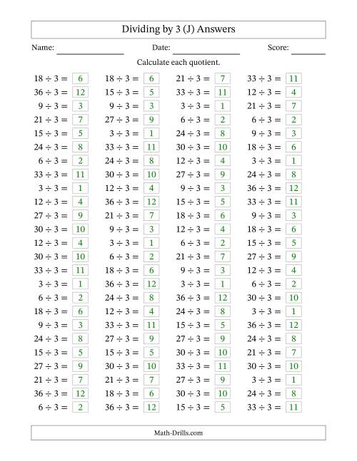 The Horizontally Arranged Dividing by 3 with Quotients 1 to 12 (100 Questions) (J) Math Worksheet Page 2