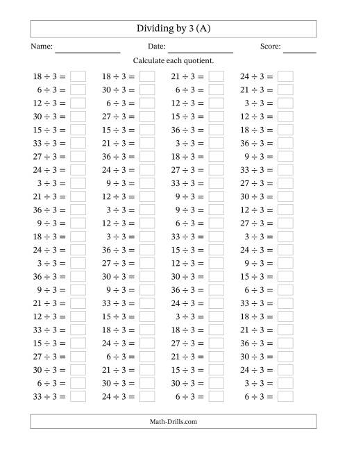 The Horizontally Arranged Dividing by 3 with Quotients 1 to 12 (100 Questions) (All) Math Worksheet