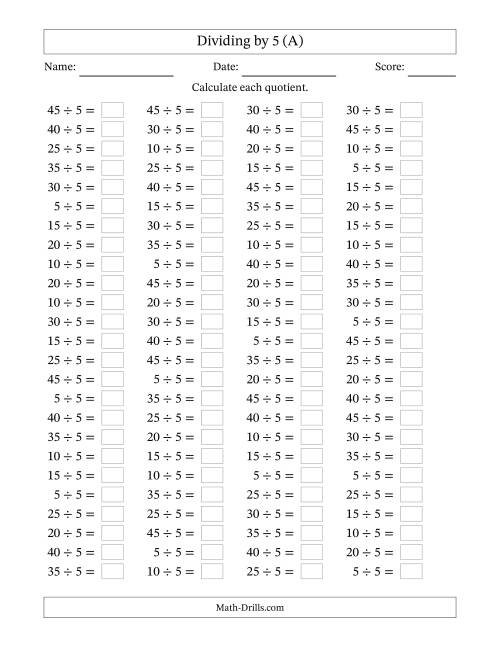 The Horizontally Arranged Dividing by 5 with Quotients 1 to 9 (100 Questions) (A) Math Worksheet