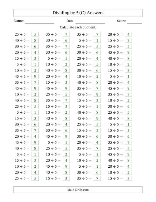 The Horizontally Arranged Dividing by 5 with Quotients 1 to 9 (100 Questions) (C) Math Worksheet Page 2
