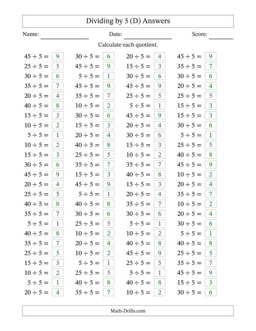 The Horizontally Arranged Dividing by 5 with Quotients 1 to 9 (100 Questions) (D) Math Worksheet Page 2