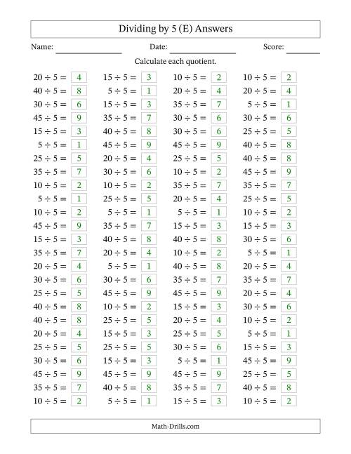 The Horizontally Arranged Dividing by 5 with Quotients 1 to 9 (100 Questions) (E) Math Worksheet Page 2