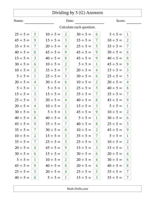 The Horizontally Arranged Dividing by 5 with Quotients 1 to 9 (100 Questions) (G) Math Worksheet Page 2