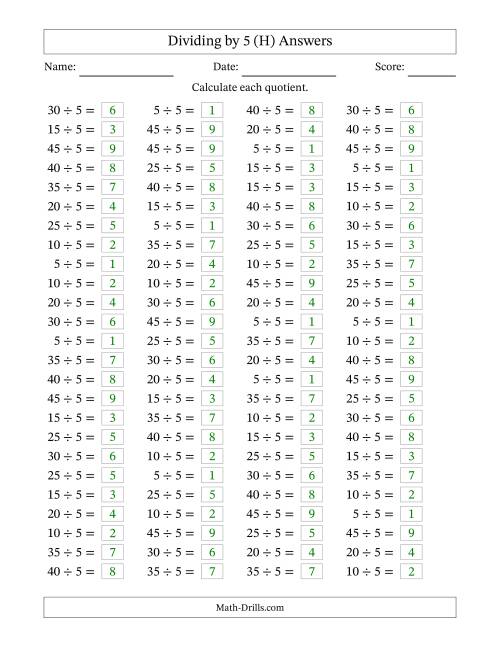 The Horizontally Arranged Dividing by 5 with Quotients 1 to 9 (100 Questions) (H) Math Worksheet Page 2