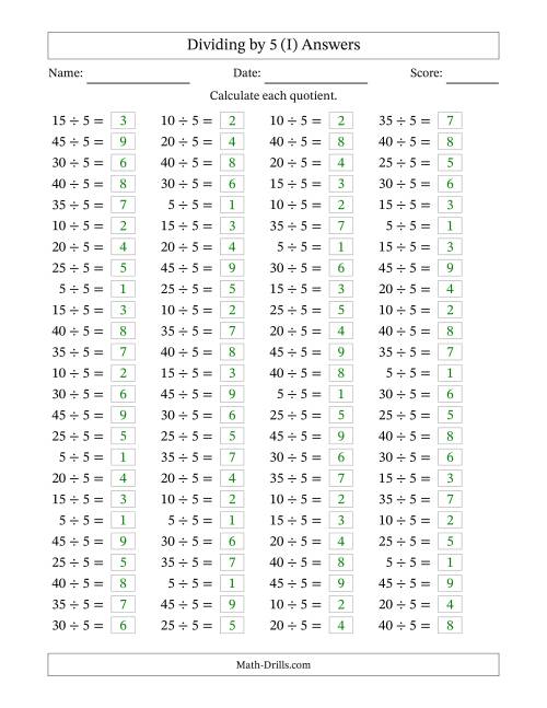 The Horizontally Arranged Dividing by 5 with Quotients 1 to 9 (100 Questions) (I) Math Worksheet Page 2
