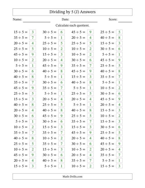 The Horizontally Arranged Dividing by 5 with Quotients 1 to 9 (100 Questions) (J) Math Worksheet Page 2