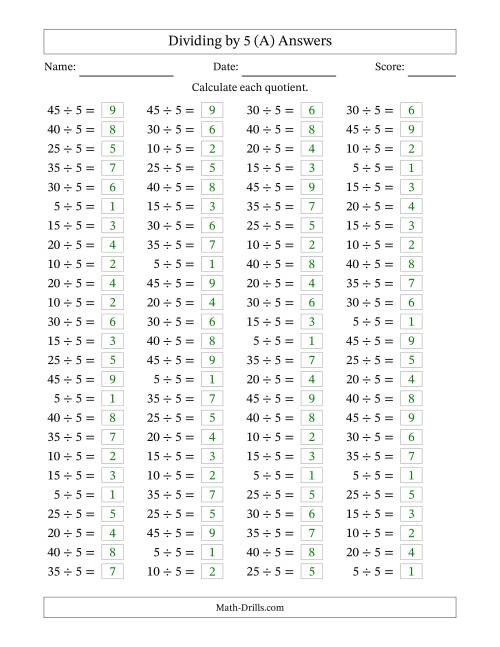 The Horizontally Arranged Dividing by 5 with Quotients 1 to 9 (100 Questions) (All) Math Worksheet Page 2