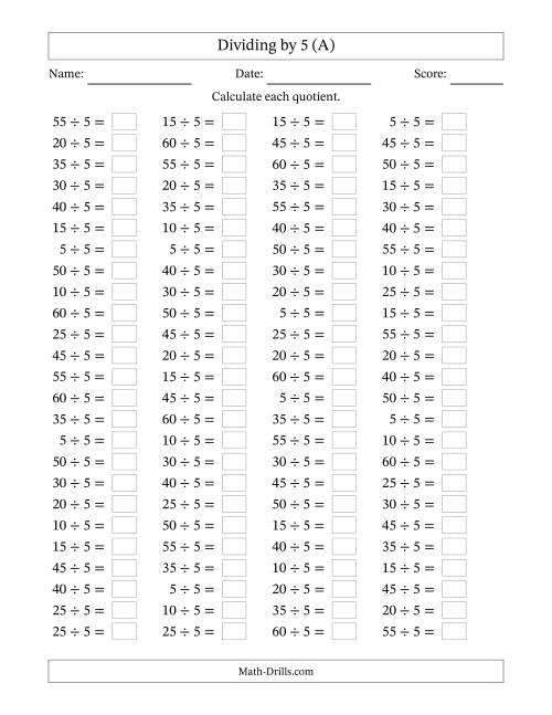 The Horizontally Arranged Dividing by 5 with Quotients 1 to 12 (100 Questions) (A) Math Worksheet