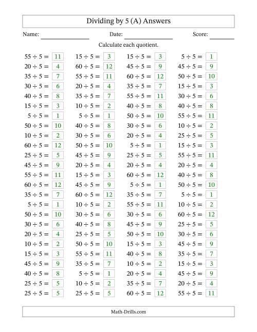 The Horizontally Arranged Dividing by 5 with Quotients 1 to 12 (100 Questions) (A) Math Worksheet Page 2