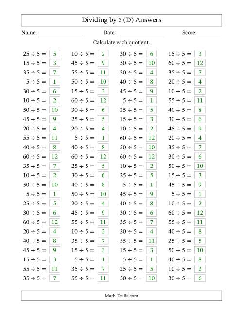 The Horizontally Arranged Dividing by 5 with Quotients 1 to 12 (100 Questions) (D) Math Worksheet Page 2