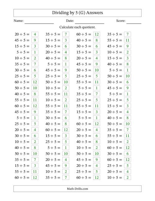 The Horizontally Arranged Dividing by 5 with Quotients 1 to 12 (100 Questions) (G) Math Worksheet Page 2