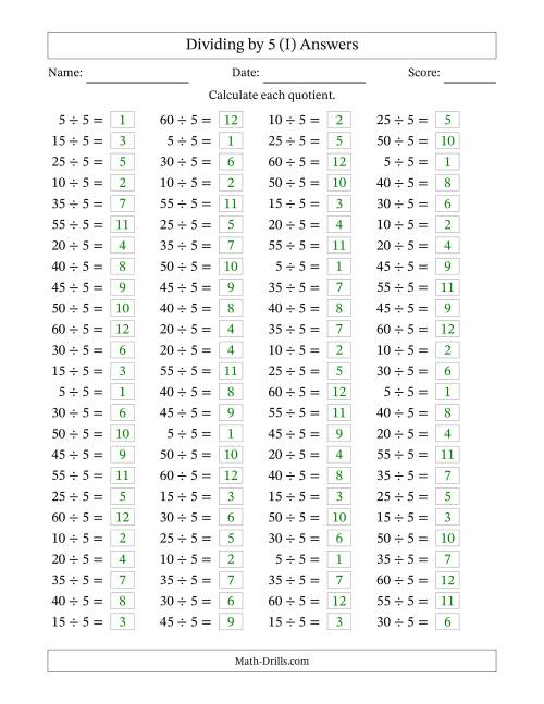 The Horizontally Arranged Dividing by 5 with Quotients 1 to 12 (100 Questions) (I) Math Worksheet Page 2