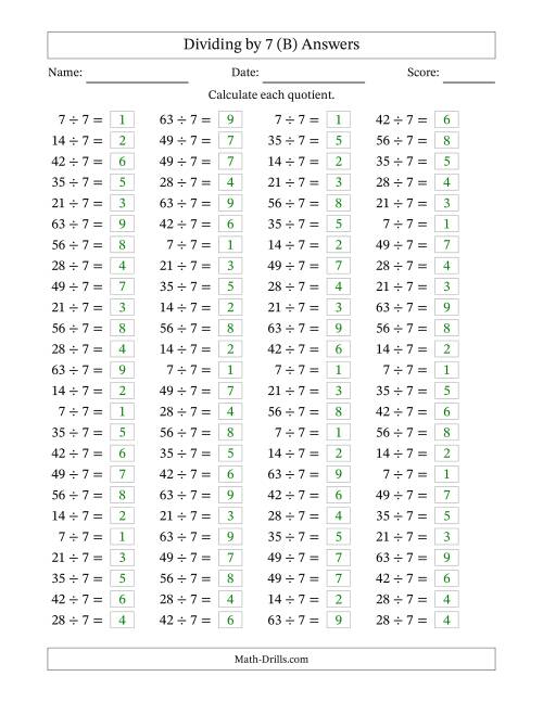 The Horizontally Arranged Dividing by 7 with Quotients 1 to 9 (100 Questions) (B) Math Worksheet Page 2
