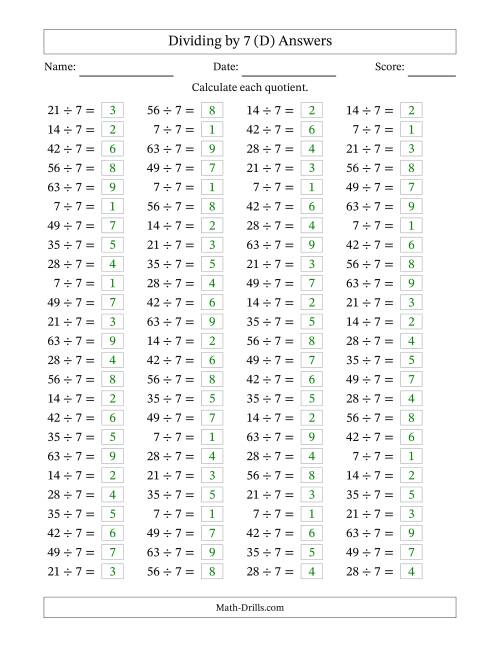 The Horizontally Arranged Dividing by 7 with Quotients 1 to 9 (100 Questions) (D) Math Worksheet Page 2