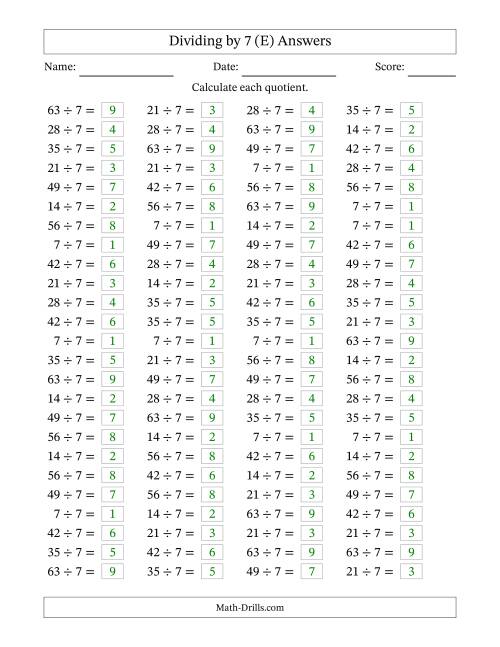 The Horizontally Arranged Dividing by 7 with Quotients 1 to 9 (100 Questions) (E) Math Worksheet Page 2