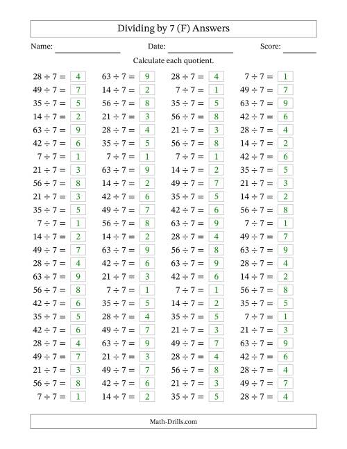 The Horizontally Arranged Dividing by 7 with Quotients 1 to 9 (100 Questions) (F) Math Worksheet Page 2
