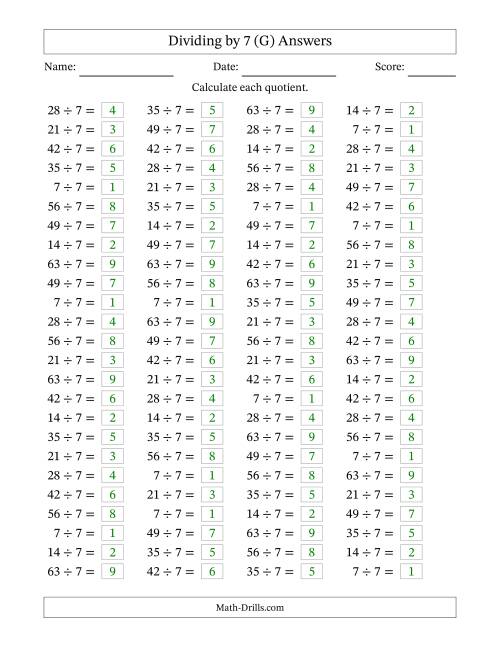 The Horizontally Arranged Dividing by 7 with Quotients 1 to 9 (100 Questions) (G) Math Worksheet Page 2