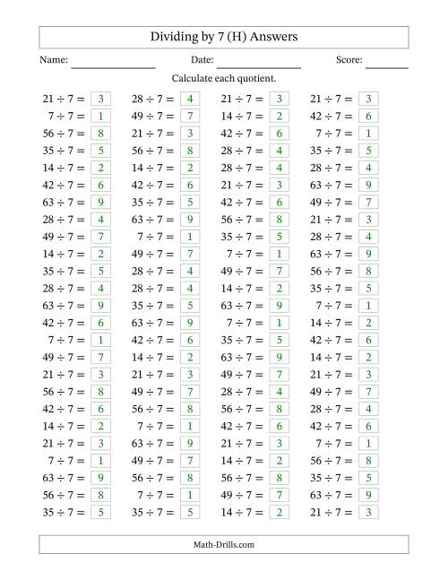 The Horizontally Arranged Dividing by 7 with Quotients 1 to 9 (100 Questions) (H) Math Worksheet Page 2