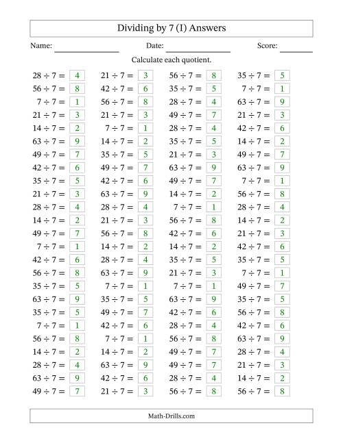 The Horizontally Arranged Dividing by 7 with Quotients 1 to 9 (100 Questions) (I) Math Worksheet Page 2