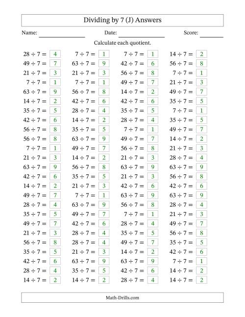 The Horizontally Arranged Dividing by 7 with Quotients 1 to 9 (100 Questions) (J) Math Worksheet Page 2