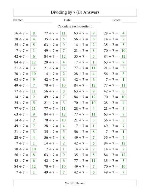 The Horizontally Arranged Dividing by 7 with Quotients 1 to 12 (100 Questions) (B) Math Worksheet Page 2