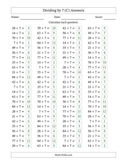 The Horizontally Arranged Dividing by 7 with Quotients 1 to 12 (100 Questions) (C) Math Worksheet Page 2