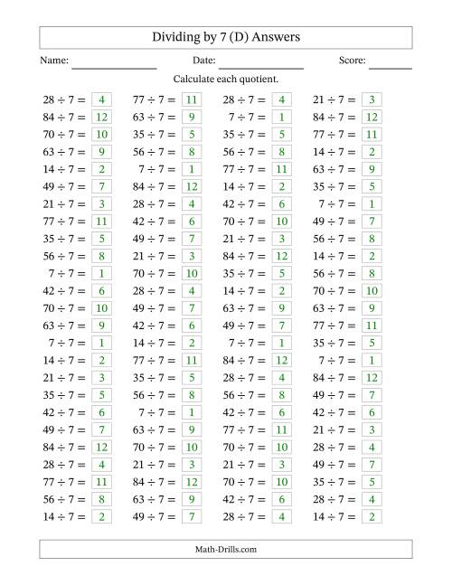 The Horizontally Arranged Dividing by 7 with Quotients 1 to 12 (100 Questions) (D) Math Worksheet Page 2