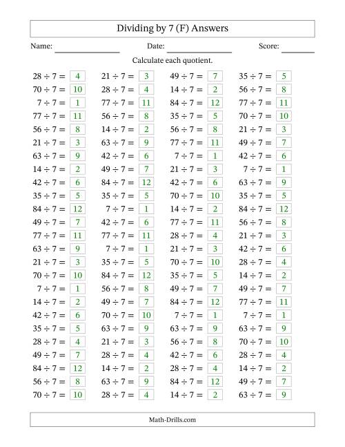 The Horizontally Arranged Dividing by 7 with Quotients 1 to 12 (100 Questions) (F) Math Worksheet Page 2