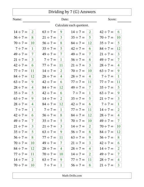 The Horizontally Arranged Dividing by 7 with Quotients 1 to 12 (100 Questions) (G) Math Worksheet Page 2