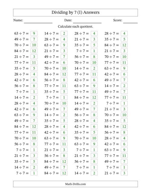 The Horizontally Arranged Dividing by 7 with Quotients 1 to 12 (100 Questions) (I) Math Worksheet Page 2