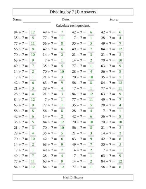 The Horizontally Arranged Dividing by 7 with Quotients 1 to 12 (100 Questions) (J) Math Worksheet Page 2