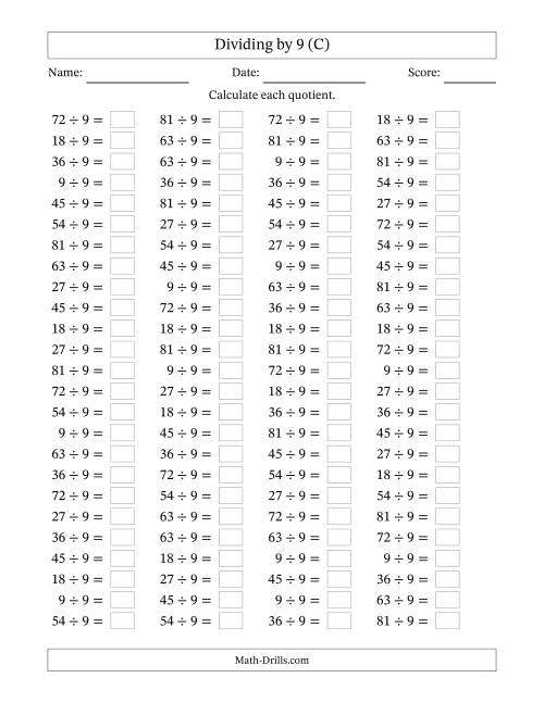 The Horizontally Arranged Dividing by 9 with Quotients 1 to 9 (100 Questions) (C) Math Worksheet