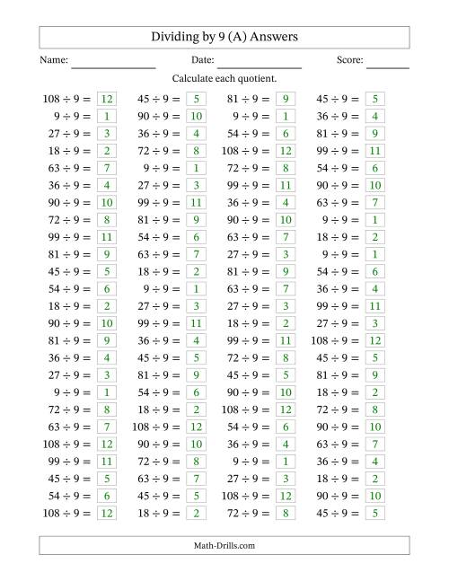 The Horizontally Arranged Dividing by 9 with Quotients 1 to 12 (100 Questions) (A) Math Worksheet Page 2